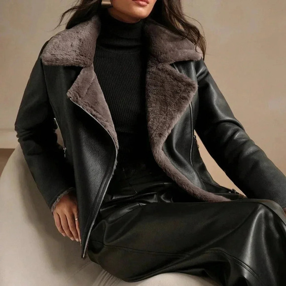 Black Casual Women's Faux Leather Composite Collar Jacket - Picture 3 of 7